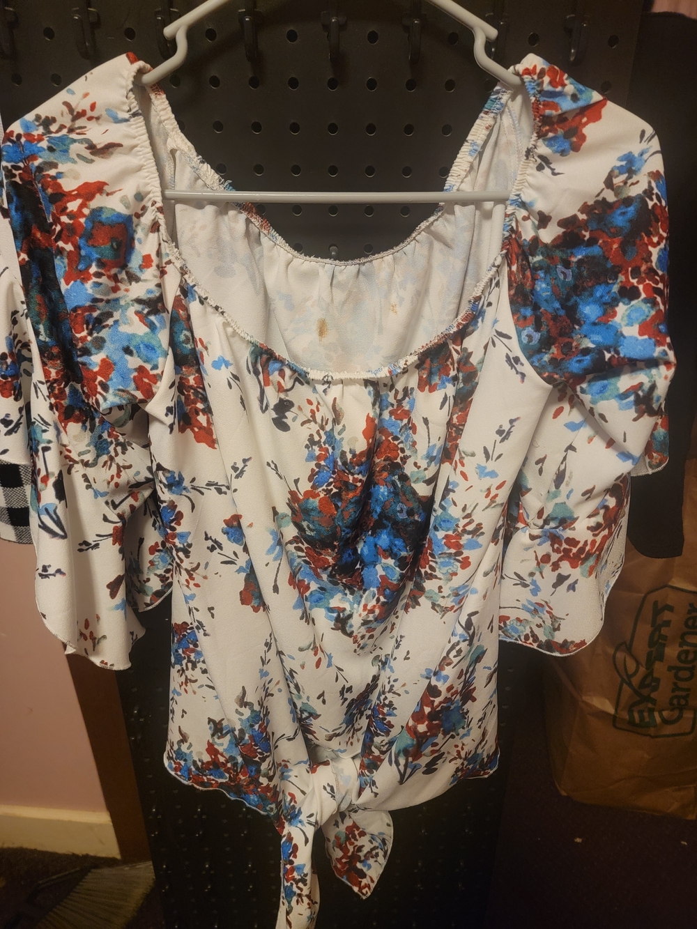 Floral Tie-Front Women's Top in White with Blue & Red Print